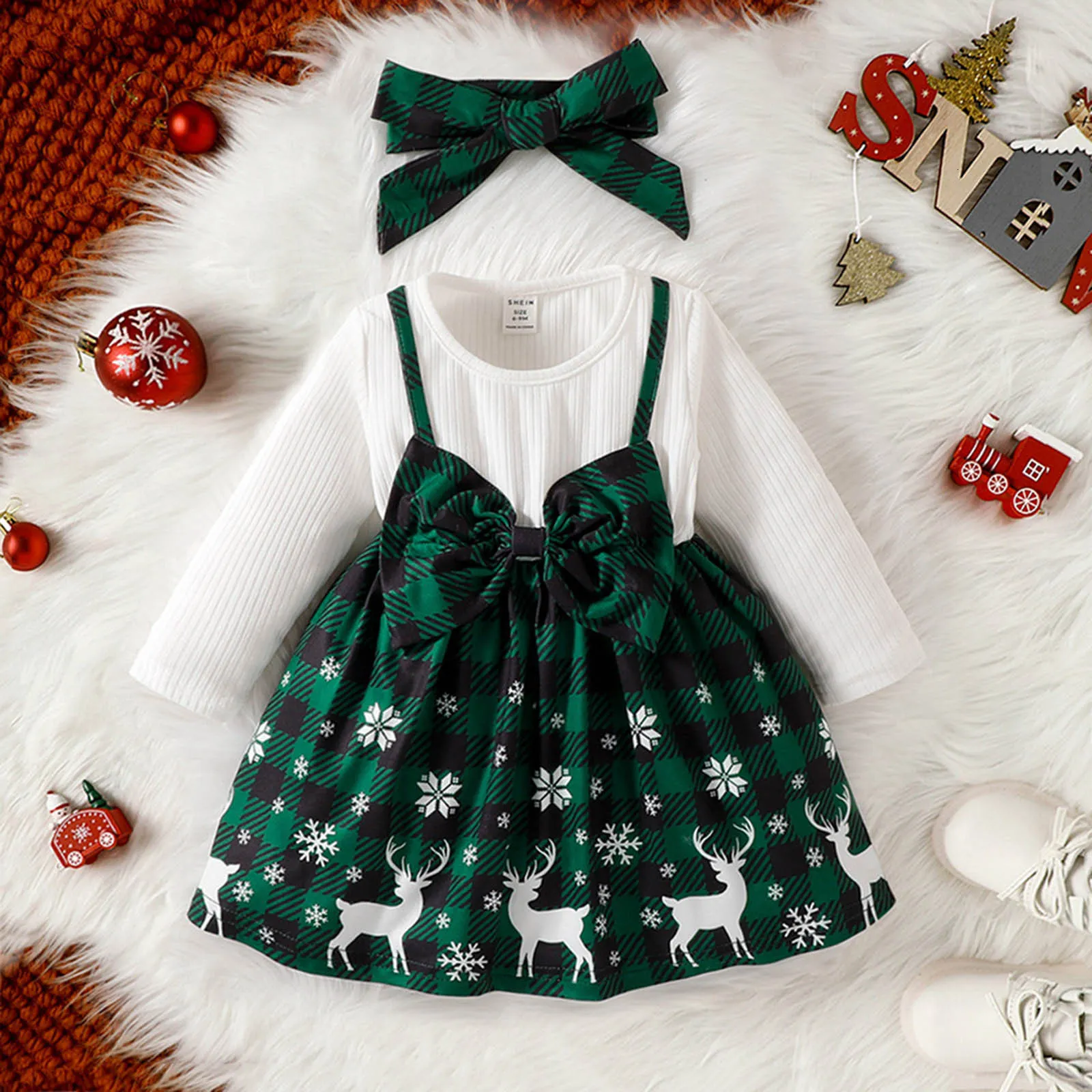 Vestidos da menina Natal vestido verde criança bebê meninas cervos floco de neve impressão retalhos vestido roupa manga longa vestido de princesa headband 2 pc conjunto 230914