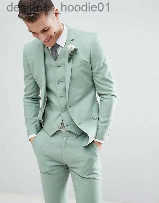 Green Slim Fit Mens Beach Wedding Tuxedo Suit With Notched Lapel