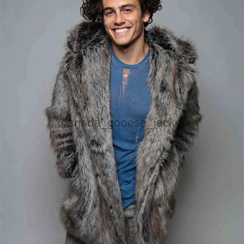 Men's Fur Faux Fur Men Winter Fashion Fur Coat Men's Clothing Thick Faux Zipper Jacket Hooded Hoodies Coats Man Warm Clothes 211213L230914