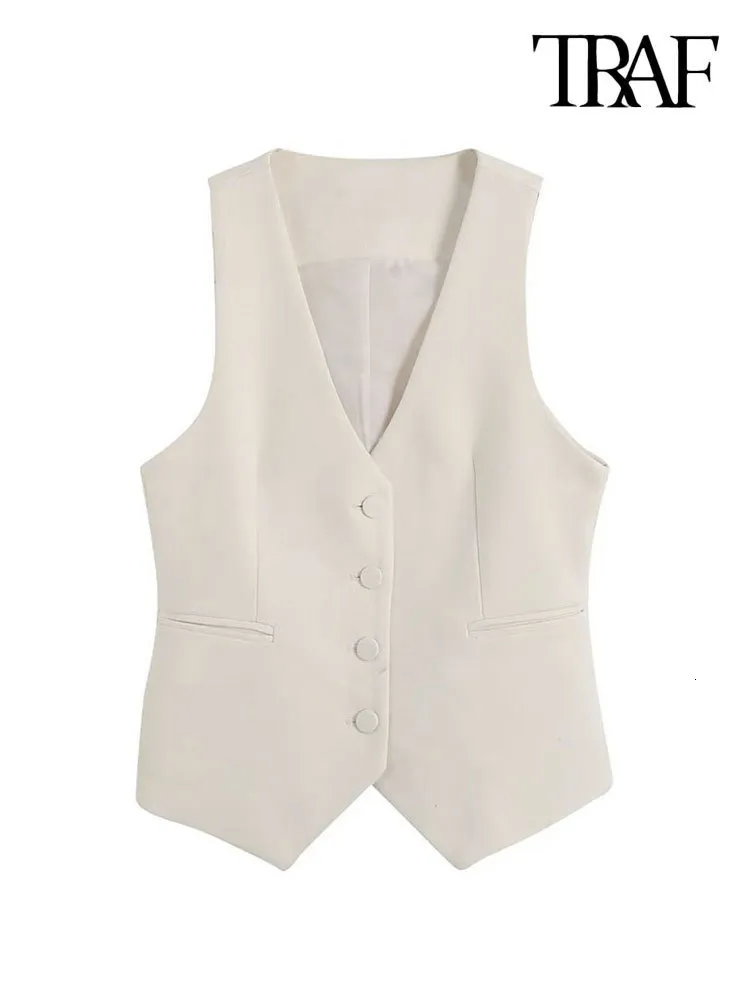 Gilets pour femmes Traf Femmes Mode Bouton avant Ajusté Gilet Vintage Sans manches Poches passepoilées Femme Vêtements de dessus Chic Gilet Tops 230912