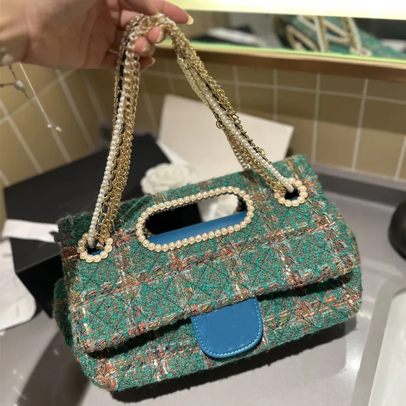 Clutch flap bag tweed 23A woolen pearl bag knitting plaid multi-chain women double tote chain pearl hardware stripes cf houlder handbag 29x19cm Luxury Purse