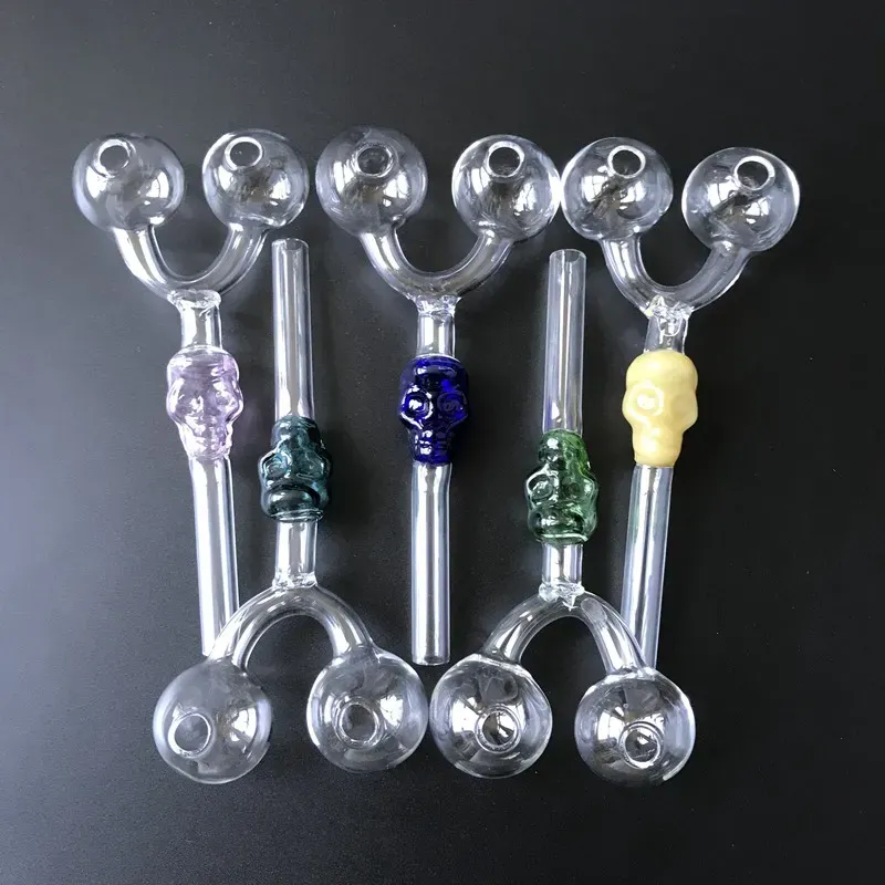 Factory Wholesales Double Burner Glass Pipes Skull Pyrex Glass Oil Burner Pipe Colored Smoking Pipes Dab Tool Glass Smoking Accessories SW29