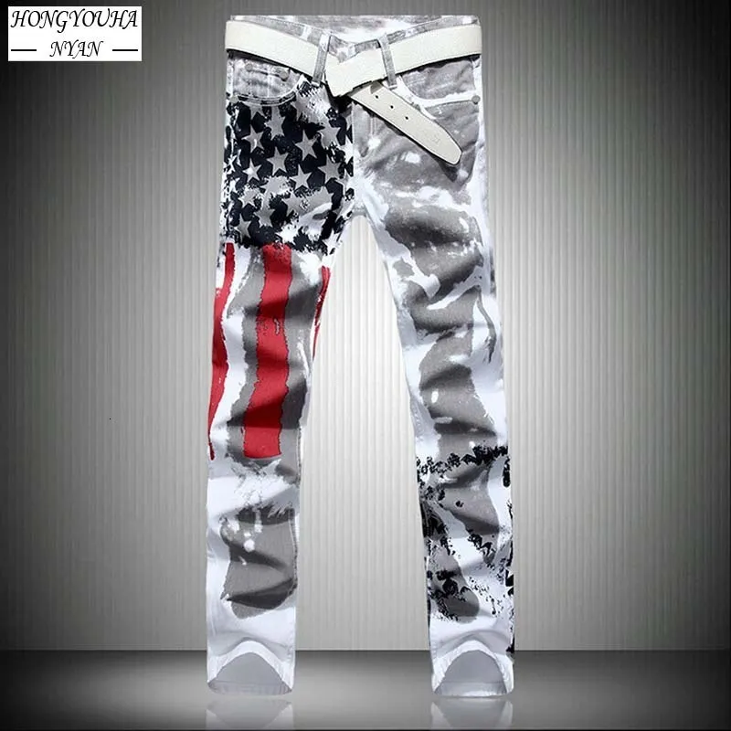 Mens Jeans Male American Flag Tryckt Streetwear Casual Pants Fashion Harajuku High Elastic Slimhip Hop Straight Denim Trousers 230914