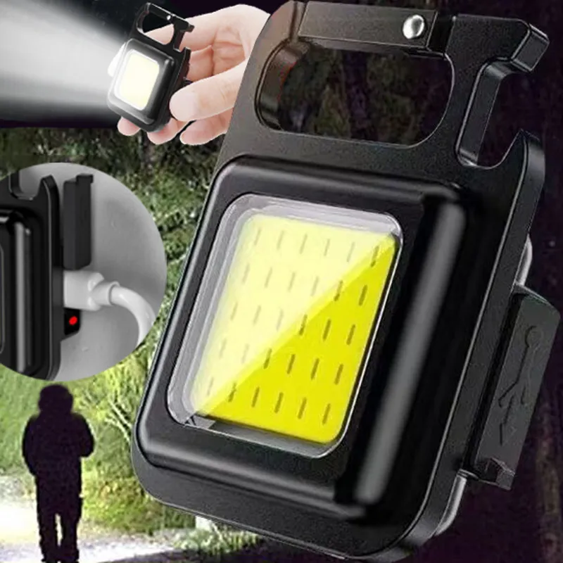 Portable COB Flashlight LED Mini Pocket Torches with Keychain Hanging Work Light USB Rechargeable Torch Lamp Outdoor Camping Lamp Lamps