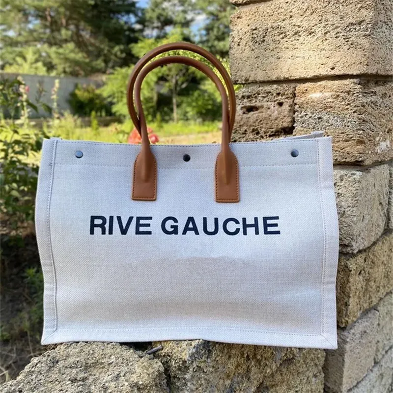 Hot Fashion torebka dla kobiety Rive Gauche Tote Torebki na zakupy torebki topbaga lniane duże podróże na ramię palet portfel dla kobiet designerskie torby plażowe 48 cm