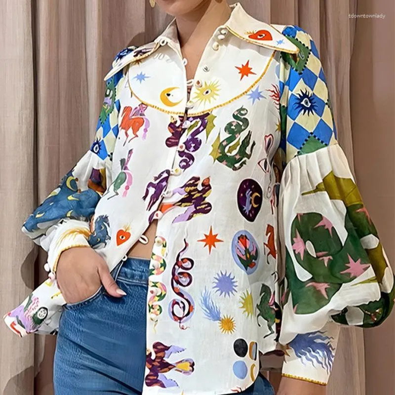 Damenblusen Y2K INS Kleidung Einreihig Umlegekragen Print Urlaub Boho Bluse T-Shirt Elegantes langes Puffärmel-Shirt-Top für