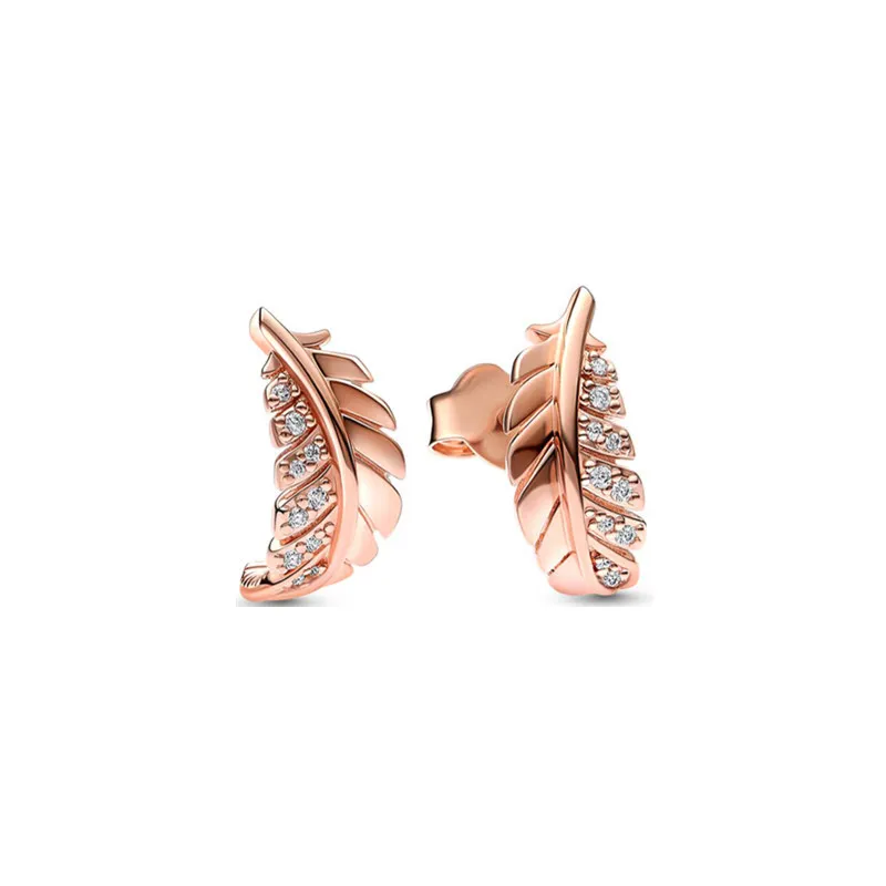 Auténticos aretes de plumas curvadas flotantes Pando Ra S925 de plata esterlina, aretes finos para mujeres, joyería de estilo europeo Compatible 282574C01