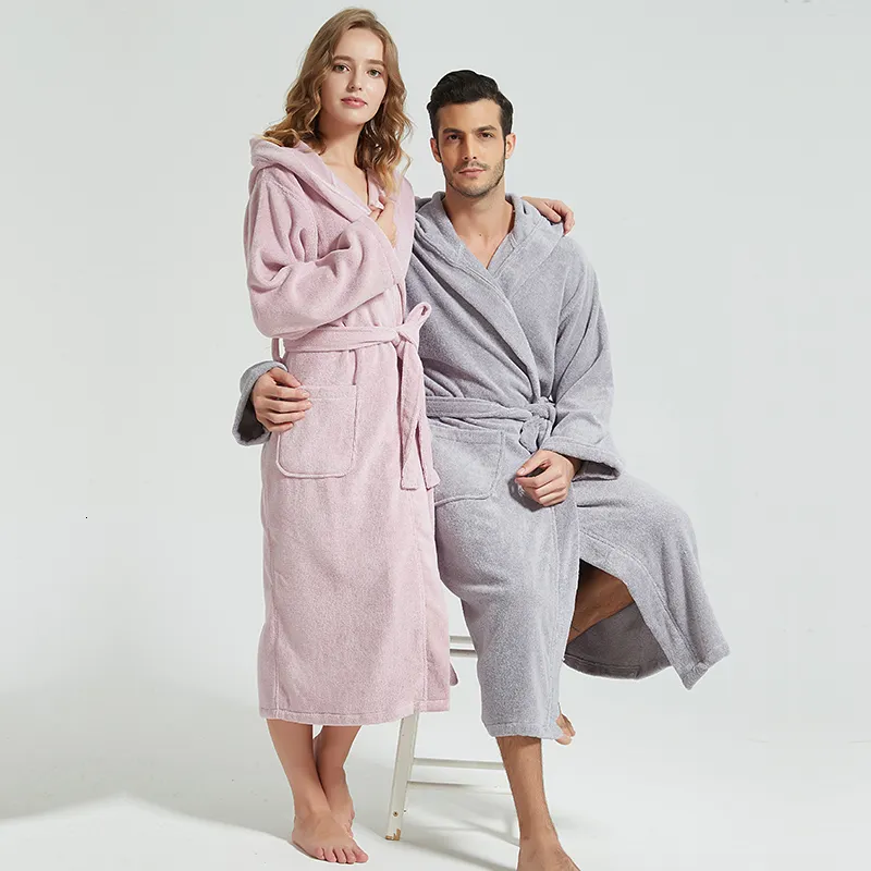 Men's Robes Men Bathrobe Hooded 100% Cotton Thick Warm Towel Fleece Cotton Dressing Gowns Long Bath Robe el Spa Soft Bridesmaid Robe 230914