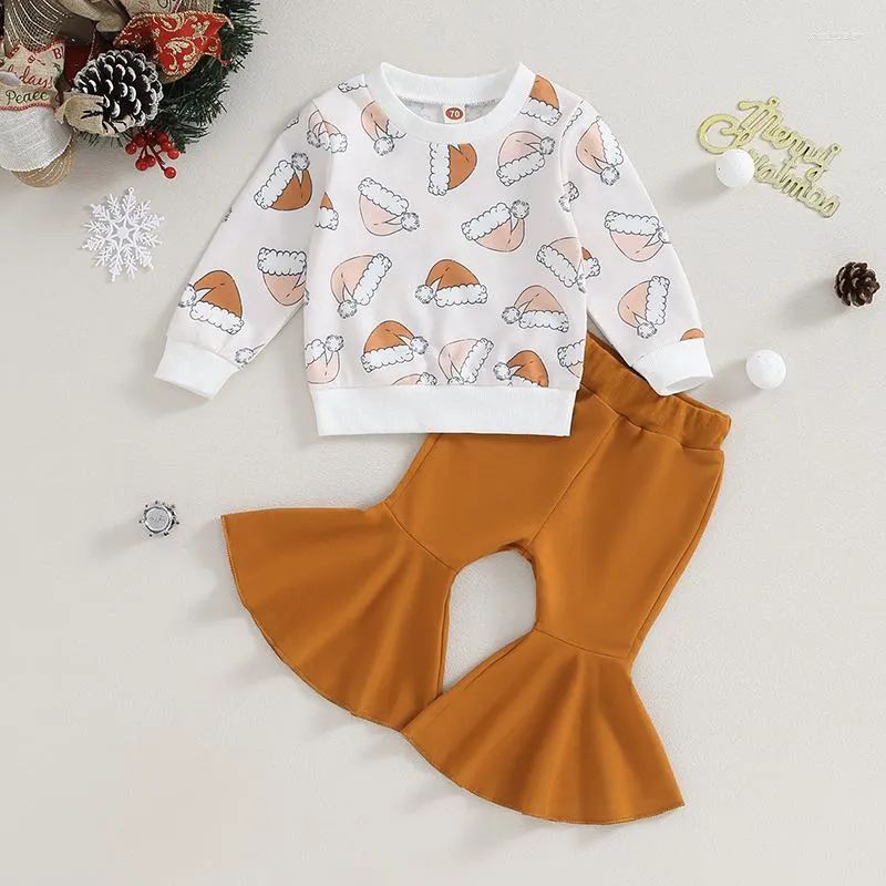 Ensembles de vêtements de Noël 6M-4Y Baby Girls Pantalons à manches longues Santa Hat Imprimer Sweat-shirt Tops Couleur unie évasée