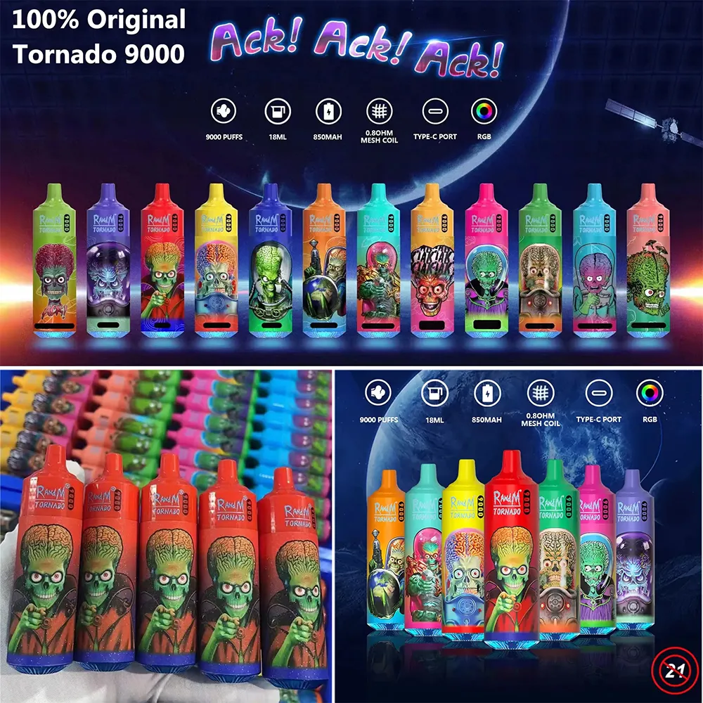 Orijinal Randm Fumot Tornado 9000 Puflar Tek kullanımlık vape 54 Tomlar 0.8ohm örgü bobin 18ml Pod Pil şarj edilebilir Elektronik CIGS 9K 0% 2% 3% 5% E Sigara RGB Işık