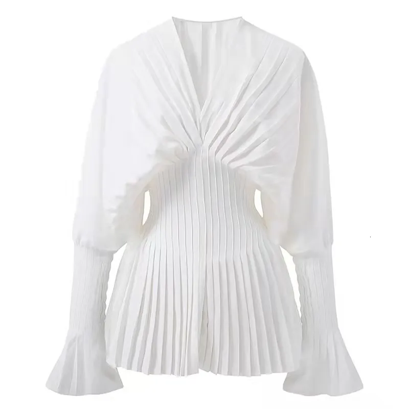 Women's Blouses Shirts Elegant Women Loose White V-Neck Pleated Shirts Female Lantern Full Sleeve Tops Blouses Casual Blusas 2023 Spring Autumn DS4 230912