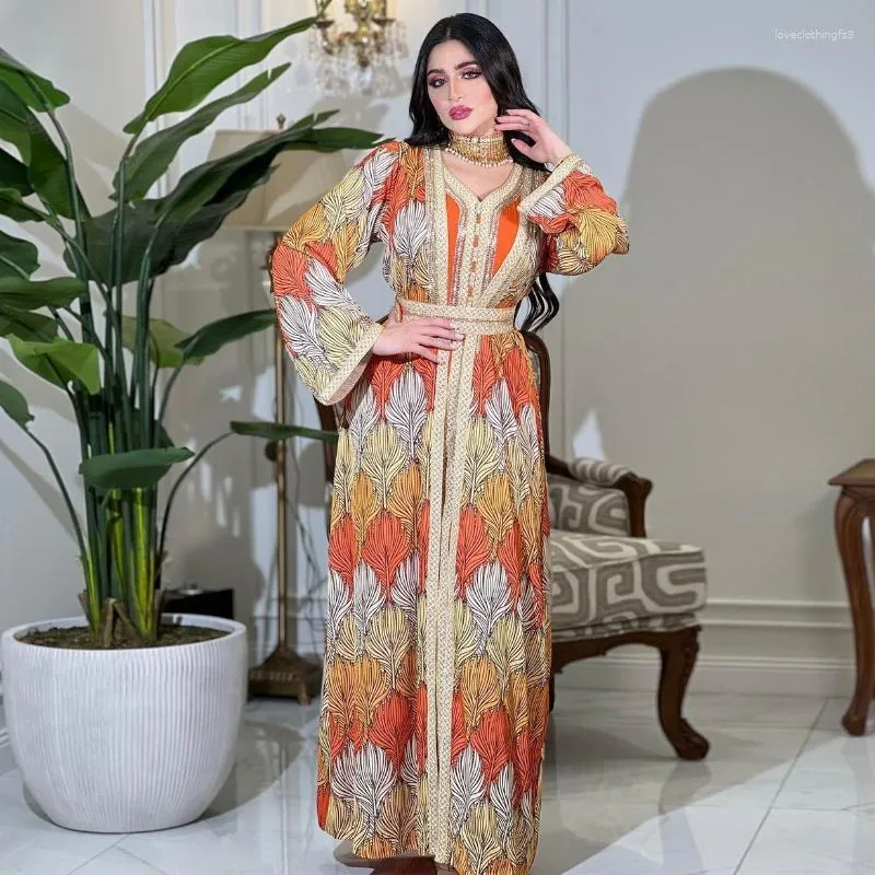 Etnik Giysiler Wetking Pırlanta Baskı ile Uzun Kollu Şık Müslüman Robe Jalabiya Set Diamonds Abaya Femme Musulman Elbiseler