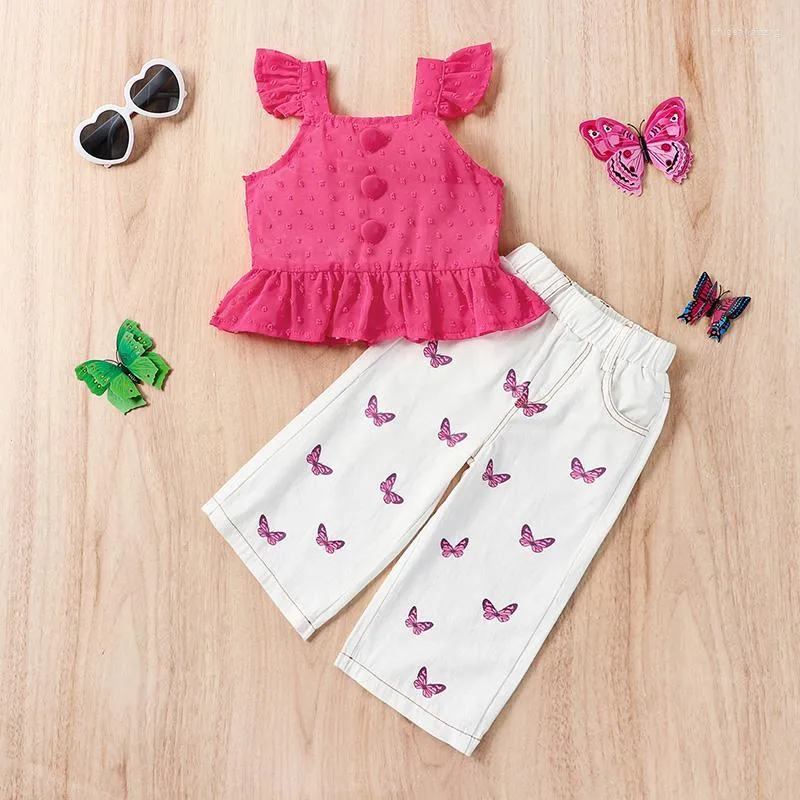 Clothing Sets Girls Clothes 2pcs Ruffles Flying Sleeve Button Tops Butterfly Printed Pants