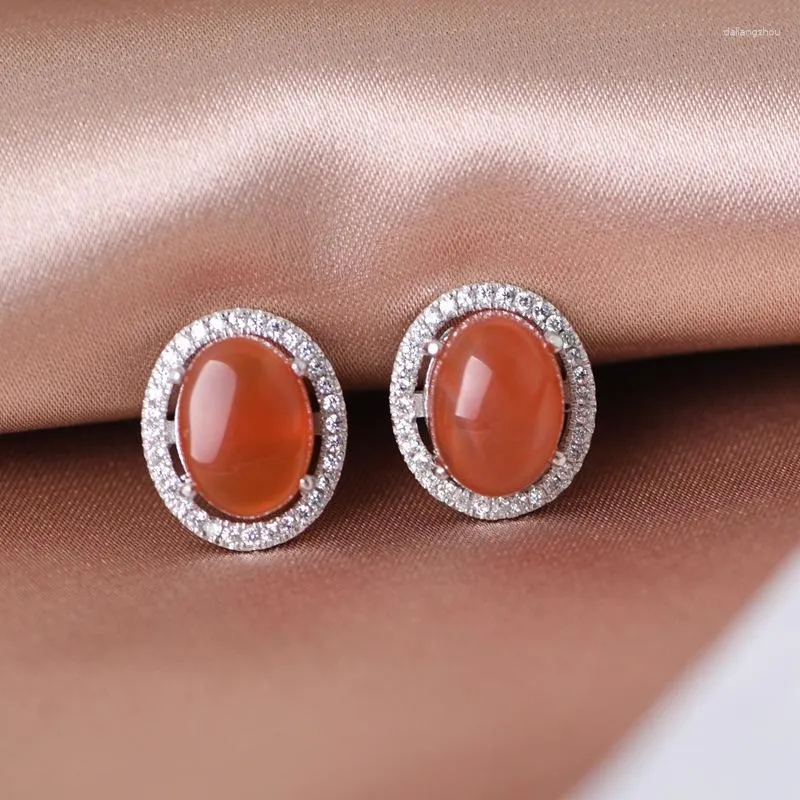 Studörhängen FNJ Natural Red Agate 925 Silver Original Pure S925 Sterling Earring Women Jewely White Zircon