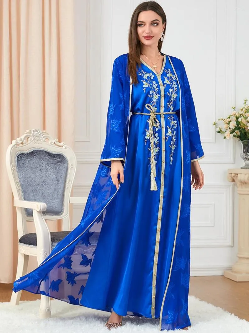 Ethnic Clothing Luxury Silk Muslim 2 Pieces Dress Set Abaya Arab Ramadan Eid Robe Cardigan Long Gowns Kimono Jubah Thobe Islamic Prayer