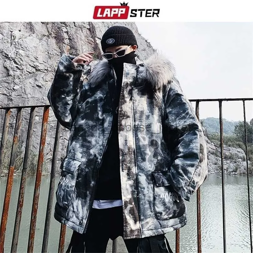 Jaqueta masculina de pele falsa LAPPSTER Camo de inverno grosso masculino streetwear com capuz parka casaco de pele homem harajuku japonês preto jaqueta puffer plus size 201127l230914