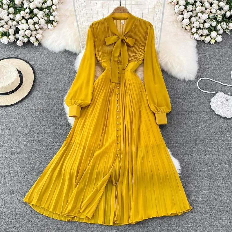 Casual Kleider Frühling Herbst Frauen Bogen Spitze-up V-ausschnitt Langarm Dünnes Kleid Mode einreiher Split Big hem Plissee Chiffon