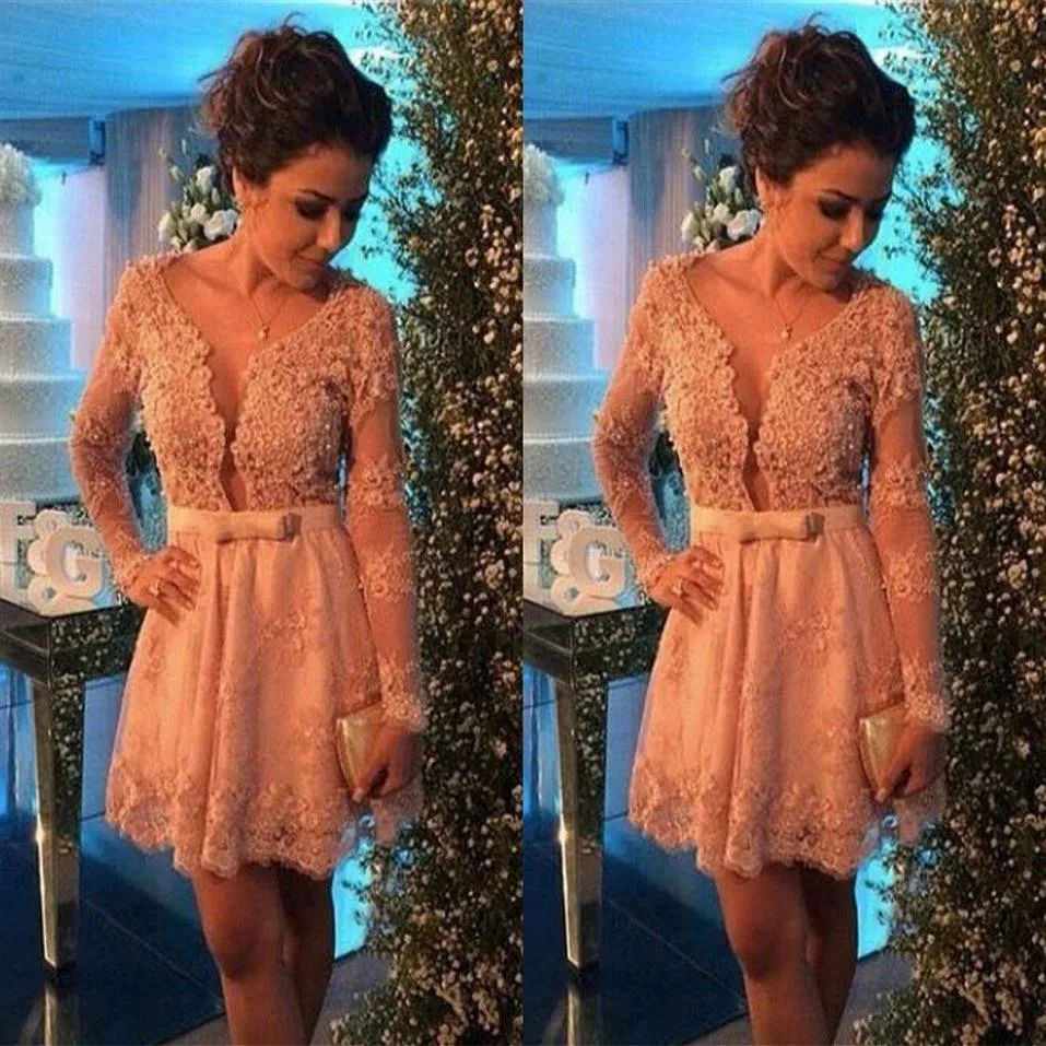 2017 Sheer Illuison Lace Long Sleeve Cocktail Dresses With Sashes