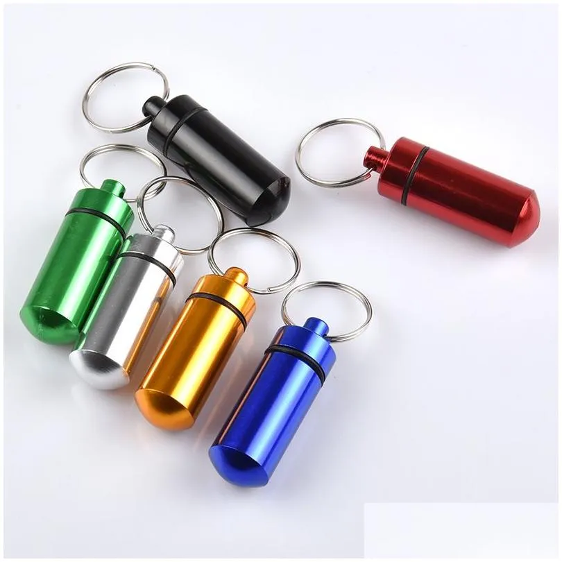 Storage Bottles Jars Travel Aluminum Alloy Waterproof Pill Box Case Keyring Key Chain Medicine Organizer Bottle Holder Container K Dh3Cp