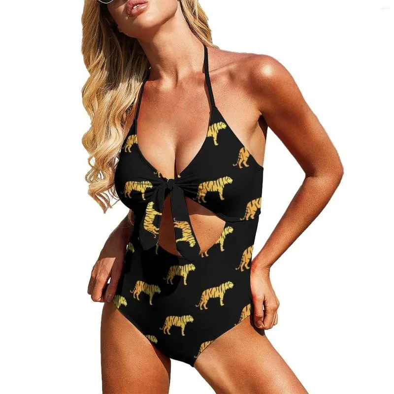 Roupa de banho feminina ouro tigre maiô sexy animal impressão uma peça maiôs surf push up monokini impresso beachwear tamanho grande