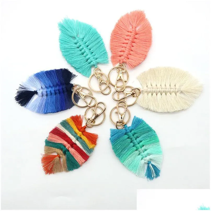 Leaf Weaving Rainbow Keychains For Women Boho Handmade Key Holder Keyring Rame Bag Charm Car Hanging Jewelry Drop Delivery