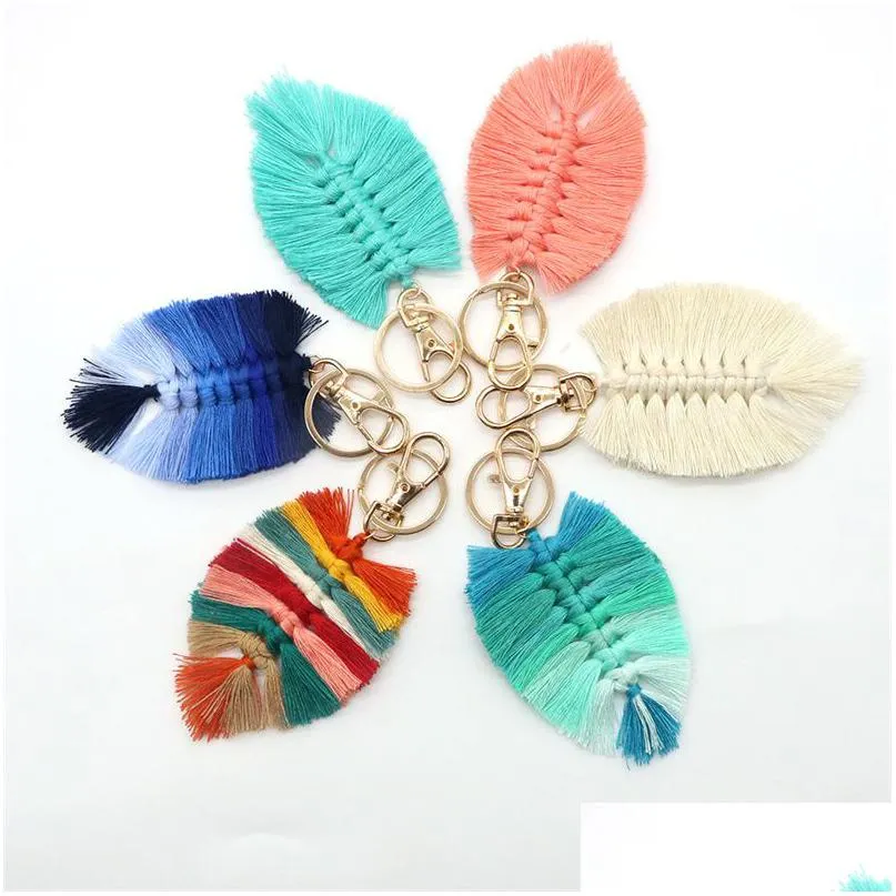 Blattweberei Regenbogen Schlüsselanhänger für Frauen Boho handgemachter Schlüsselhalter Schlüsselanhänger Rame Bag Charm Auto hängender Schmuck Drop Lieferung