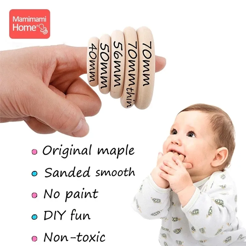 Tänder leksaker 70555040mm trä teether ring smidig yta naturlig träst gnagare baby tandklocka DIY gör BPA gratis 230914