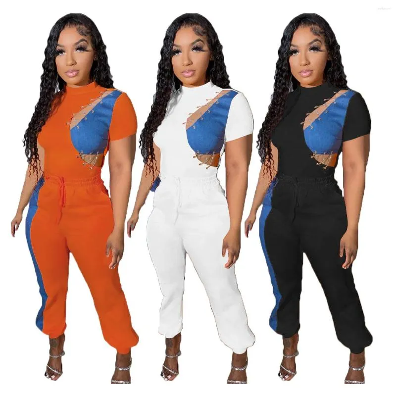 Kvinnors tvåbitar byxor Casual denim Patchwork Cut Out Tracksuit Women Summer Short Sleeve T Shirt Top and Drawstring Slim 2 Set Y2k Outfits