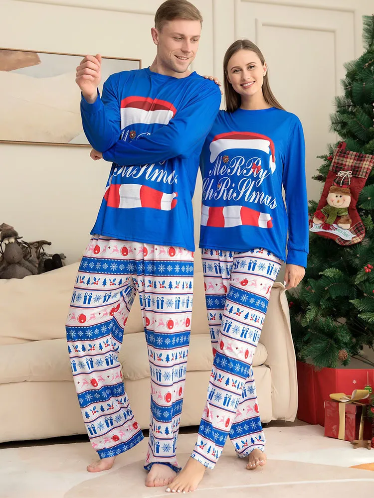 Blue Letter Printed Christmas Pajama Set For Couples Long Sleeve