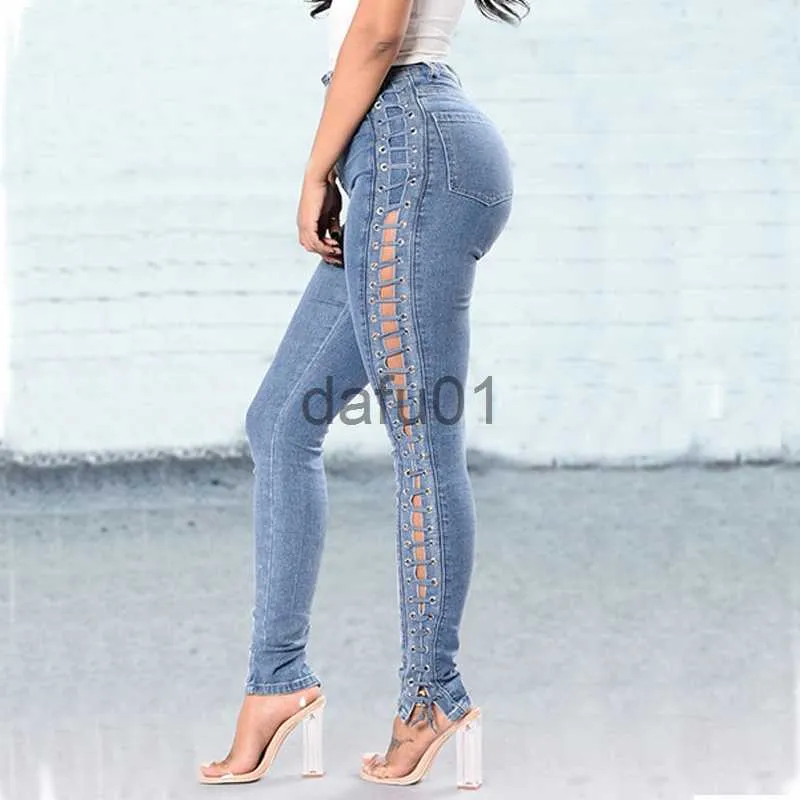 Kvinnors jeans pojkvän mager jeans för kvinnor sexig snörning hål ut push up jeans hög midja stretchy denim jeans byxor plus storlek 220622 x0914