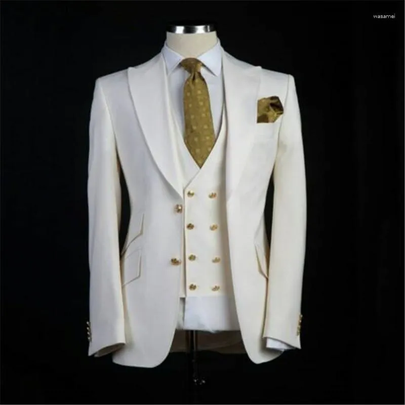 Men's Suits Men Ivory Tuxedo 2 Piece Golden Button Wedding Groom Wear Formal Occasion (Coat Vest))