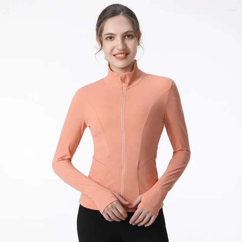 Active Shirts Lu Logo With Women Sports Jacket Full Zipper Yoga Coat Thumb Holes Slim Long Sleeve Crop Top Gym Fitness