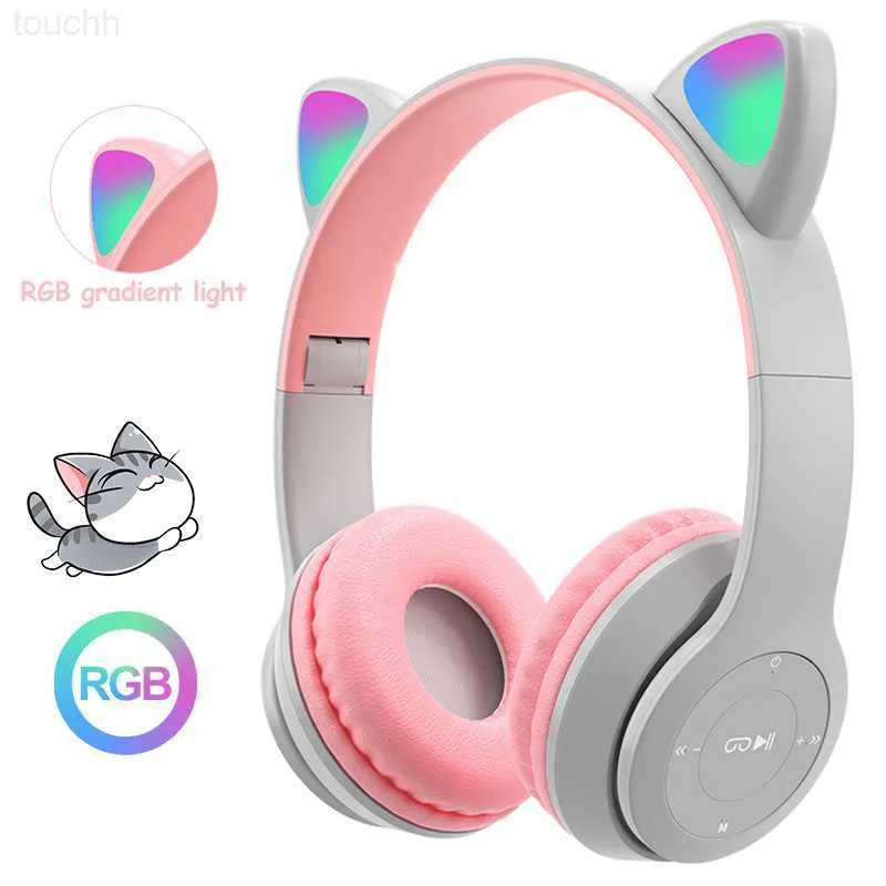 Mobiltelefonörlurar Flash Light Cute Cat Ear -hörlurar trådlöst med MIC kan stänga LED Kids Girl Stereo Phone Music Bluetooth Headset Gamer L230914