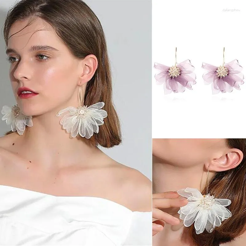 Boucles D'oreilles Puces Dentelle Fleurs Tissu Crysta Violet Romantique Femme