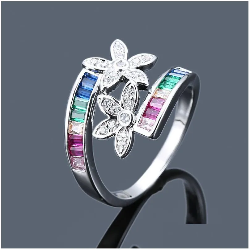 Band Rings Design Rainbow Flower Cz Ring Women Gift Gold Color Leaves Austrian Zircon Fashion Crystal Jewelry Wholesale Drop Delivery Dhnm0