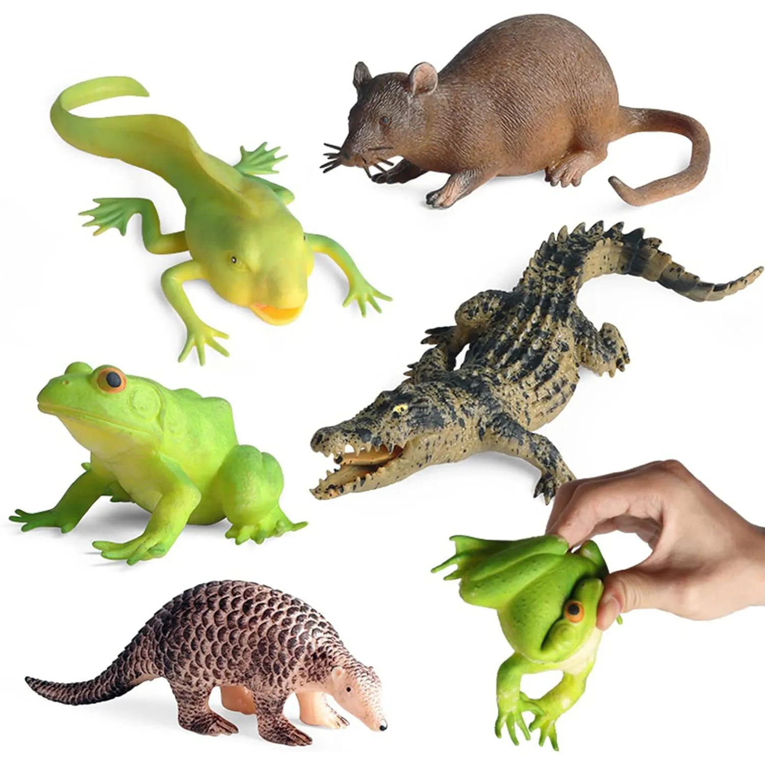 Roliga 5st mjuka gummi squishy leksaker tpr super stretch djur leksak för barn figurer set med groda tadpole krokodil råtta pangolin dekomprimering stress lättnadsspel