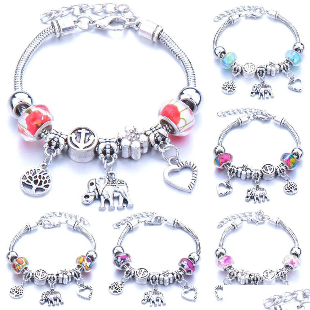 Perlen Fl Legierung Liebe Baum des Lebens Elefant Stränge Armbänder Geschenk Hummer Schnalle Schlangenkette Armreifen Fit Schmuck Drop Lieferung DHP4H