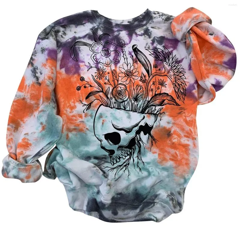 Women's Hoodies Skeleton Floral Graphic For Women Halloween Sweatshirt Casual Camouflage Pullover Long Sleeve Round Neck Loose Fit Top