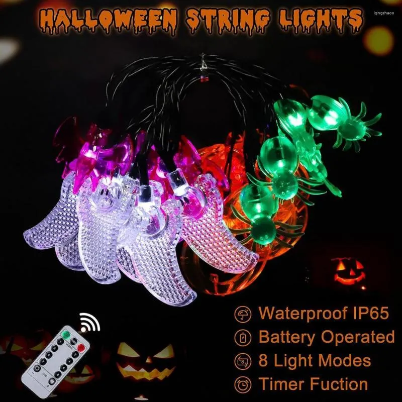 Strings Halloween LED-lampan Spooky Battery-opererade strängljus med fjärrkontroll 8-lägen Vattentät design Fun Bat Spider