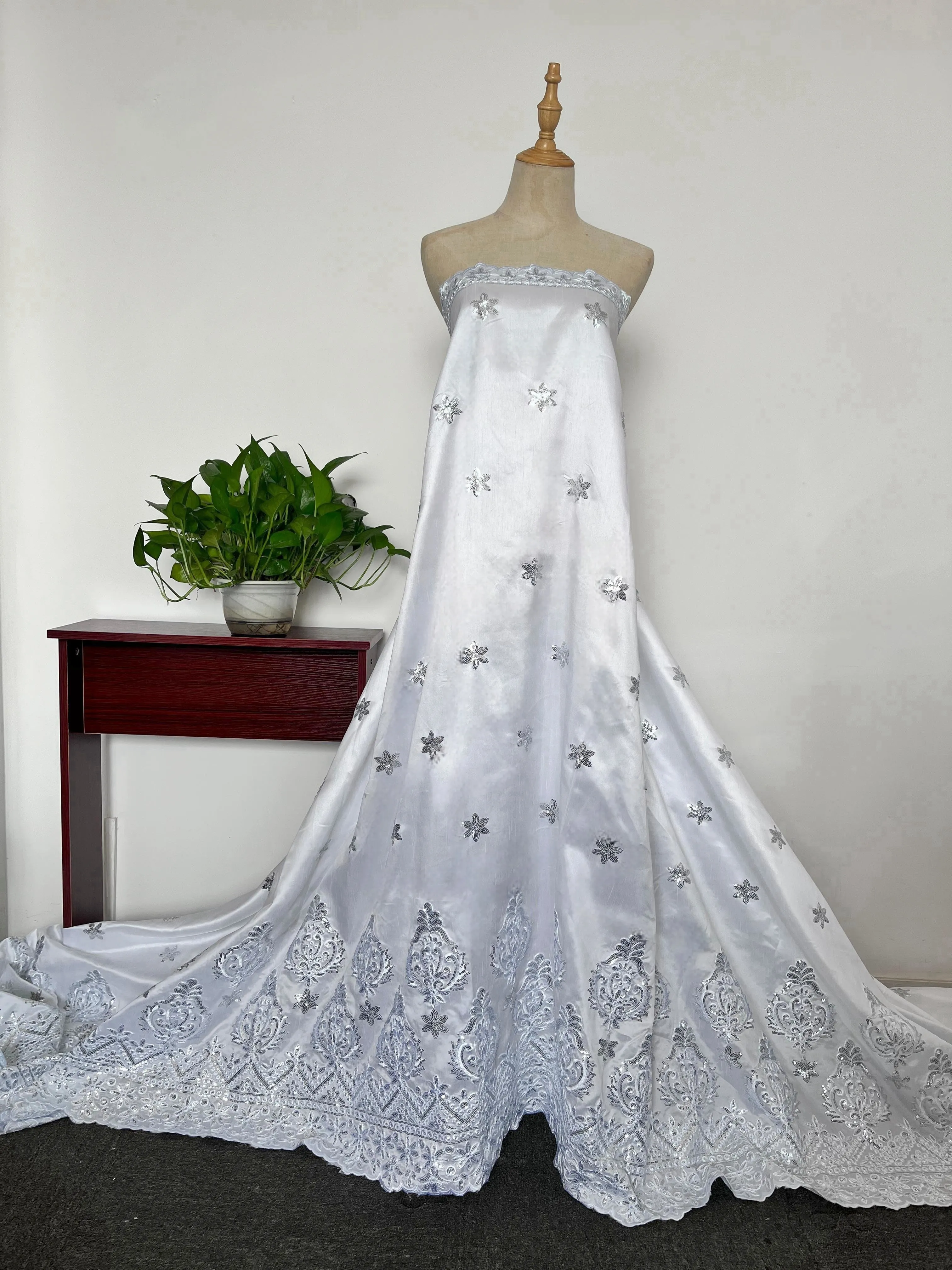 African Women George Lace Fabric White Embroidery Dress Sewing