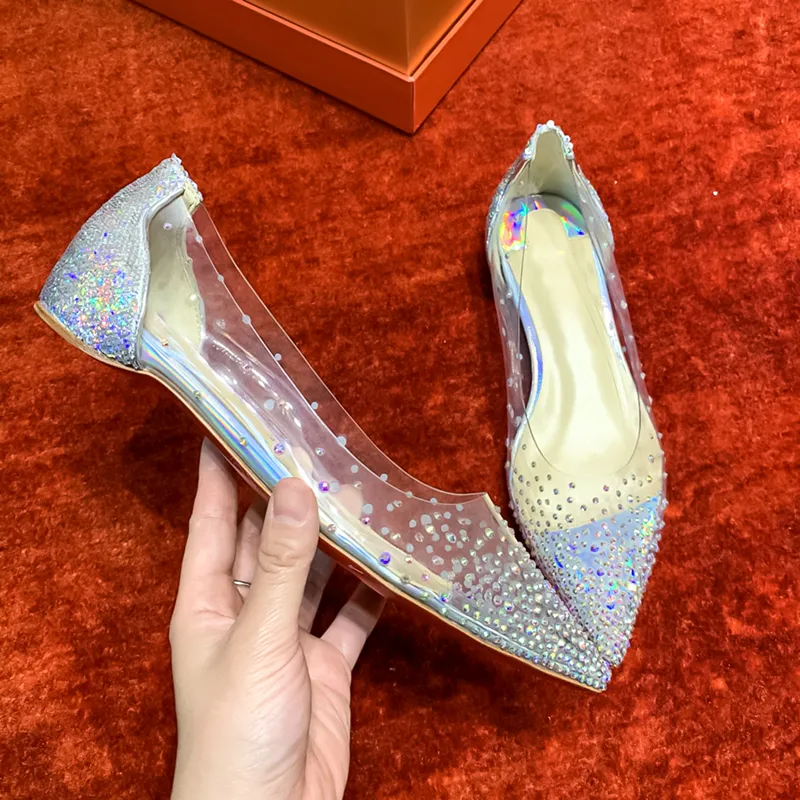 Silver rhinestone leather flat womens shoes transparent flat heel single shoes wedding party shoes Luxury designer new senior sense womens shoes Sizes