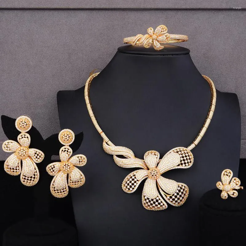 Ketting Oorbellen Set GODKI Luxe Bloem Blad Nigeriaanse Choker Voor Vrouwen Bruiloft Kubieke Zirkoon CZ Dubai Gouden Bruids 2023