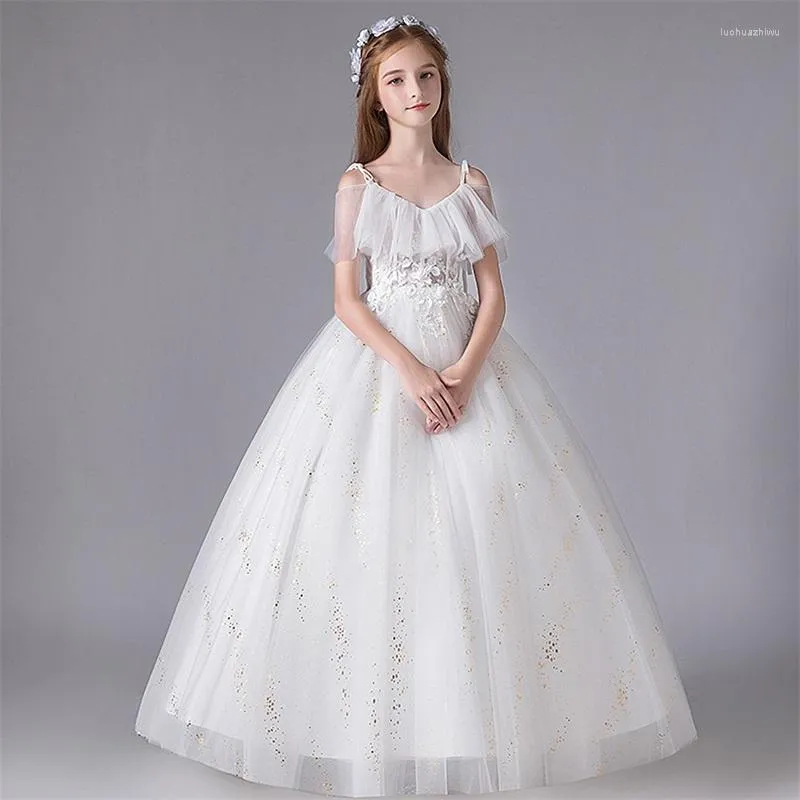 Girl Dresses Teenage Girls Princess Party For Wedding White Embroidery Birthday Ball Gown Sling Tulle Elegant Children Long Dress