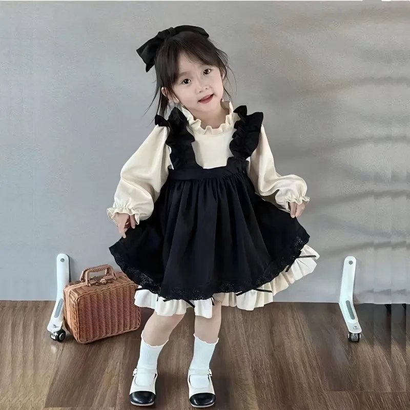 Robes de filles enfants rétro robe de princesse Lolita mode à manches longues abricot noir dentelle jarretelles ensembles robe d'été pour fille 230914