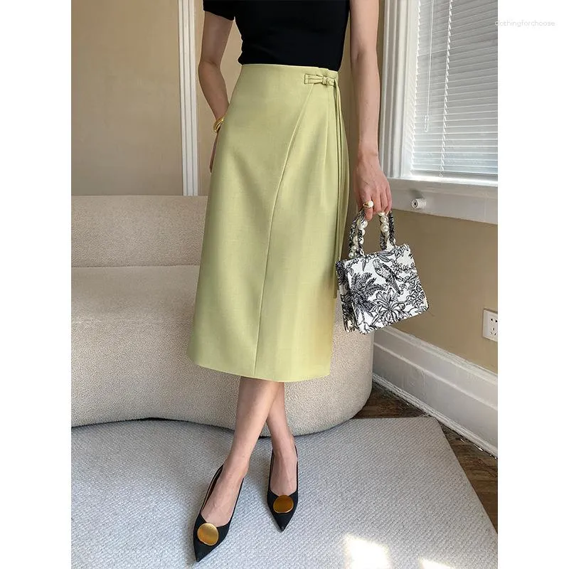Skirts Chinese Style Buckle Design A-line Straight Tube Showing Slim Midi Skirt