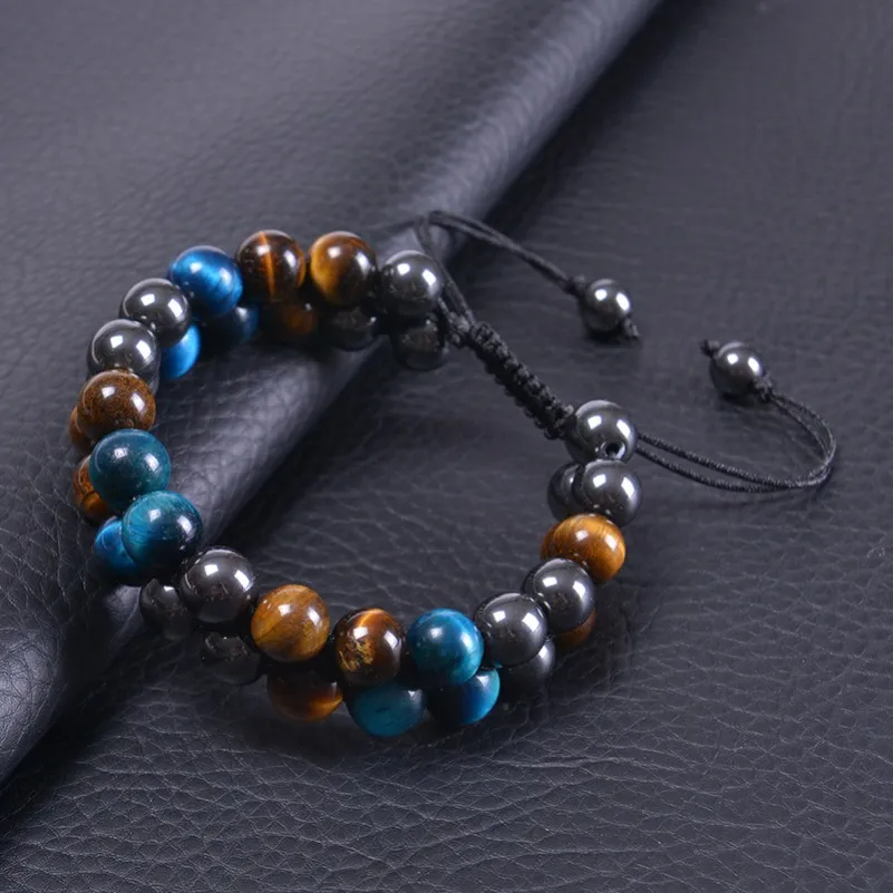 Bracciale in pietra occhio di tigre blu da 10 mm Bracciale in pietra a doppio strato intrecciato con perline regolabile Braccialetti con magnete in ematite Polsino per gioielli da uomo