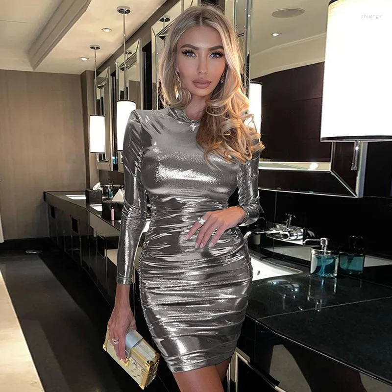 Casual Dresses Skin Long Sleeve Bodycon Dress Women Spring Autumn Pleated Party Club Night Sexy Outfits Ladies 2023 Fahsion Streetwear