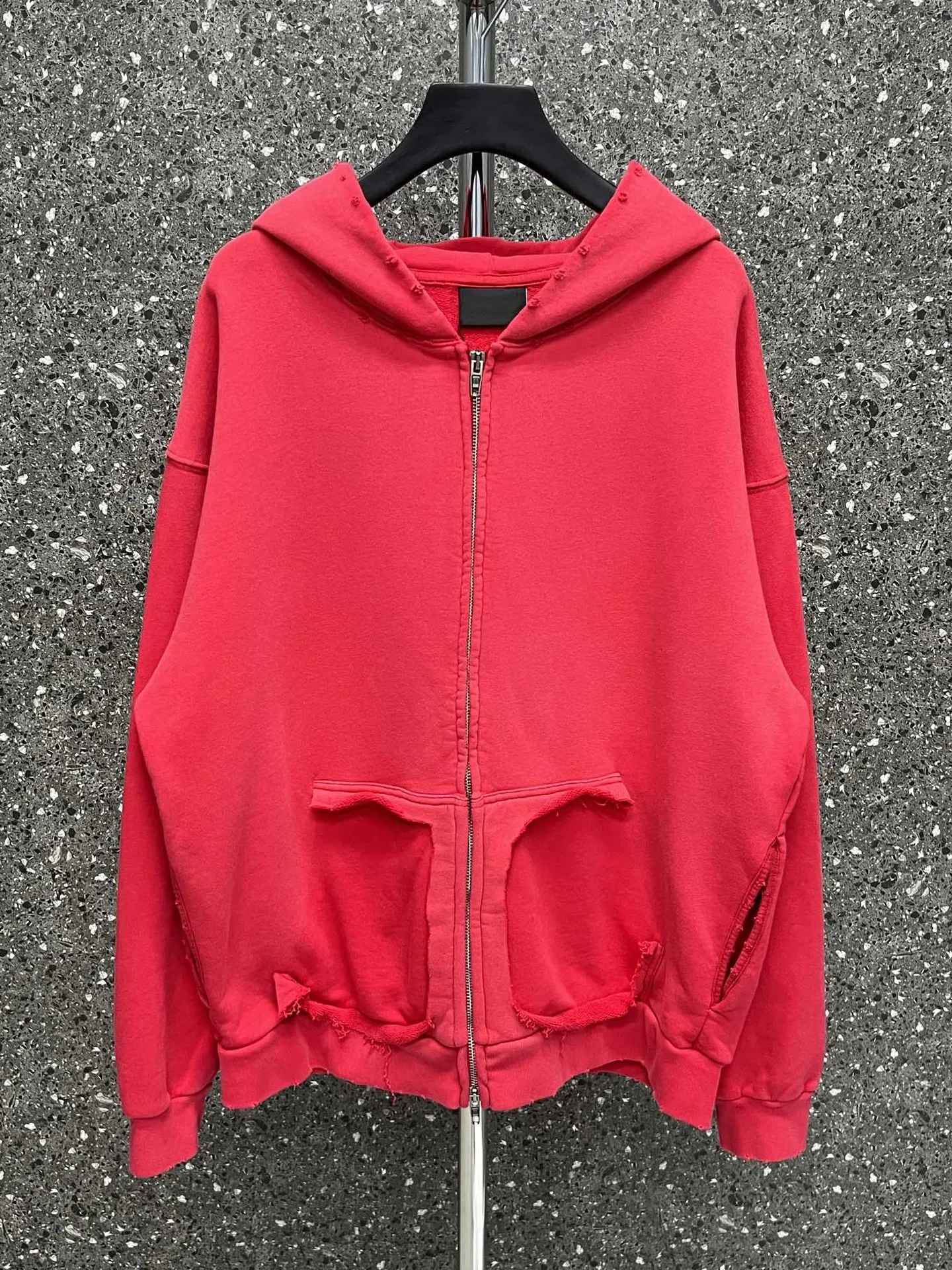 2023ss bale Men Washed Red Ripped Hoodie Yellow Tape Printed Hooded Casual Men Zippered Jacket