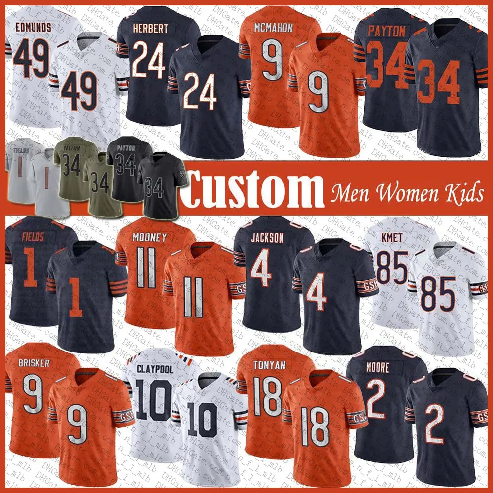 Custom 1 Justin Fields 2 DJ Moore Football Jersey 85 Cole Kmet Jaquan Brisker Eddie Jackson Darnell Mooney Tremaine Edmunds Khalil Herbert Chase Claypool Jim McMahon