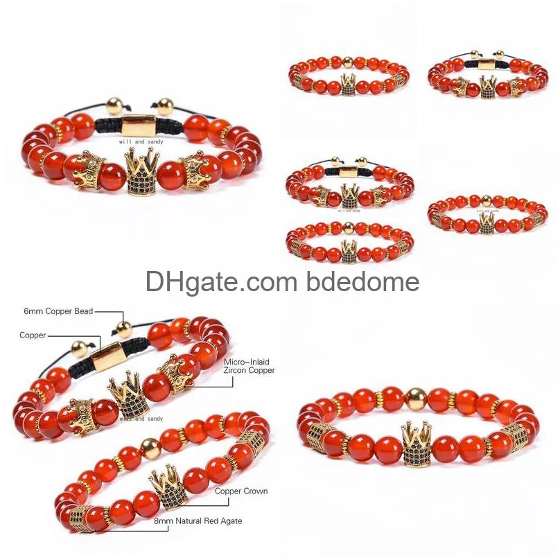 Bracelets de couronne de zircon micro-incrustés de cuivre perlé tressé pierre naturelle bracelet d'agate rouge perle brin réglable pour femmes hommes mode Dhwxz